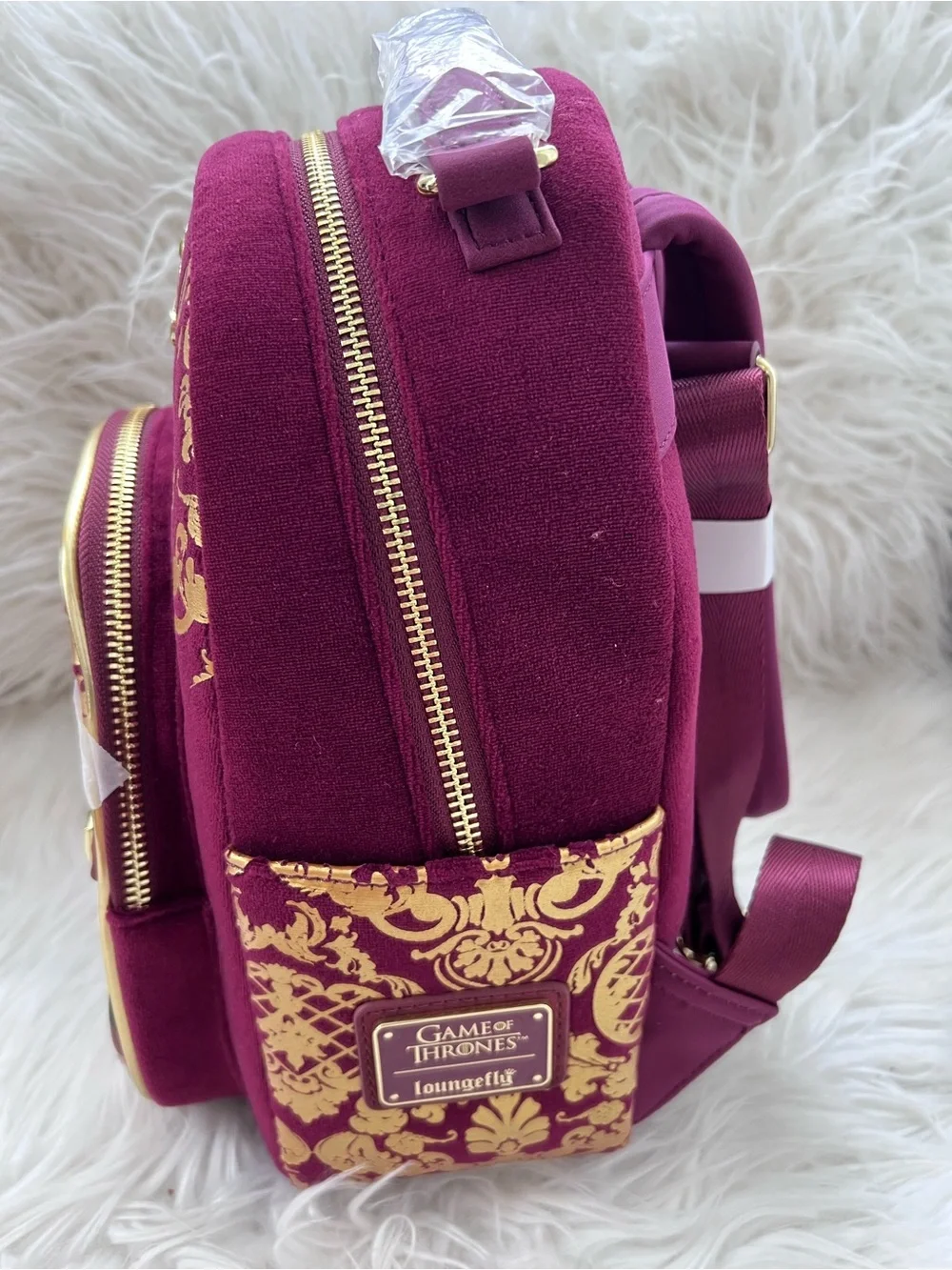 Loungefly Burgundy Mini Backpack with Gold Crown and Damask Accents
